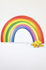 cheerful rainbow illustration arcing across clean white background with pot of gold at end