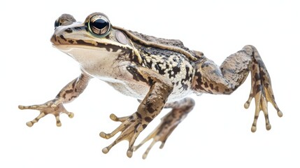 Obraz premium A frog leaping forward, its legs fully extended, isolated on a seamless white background,