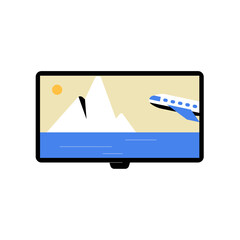 Airplane And Iceberg On TV Screen In Flat Vector Illustration Symbolizing Travel, Adventure, And Exploration, Isolated On White Background
