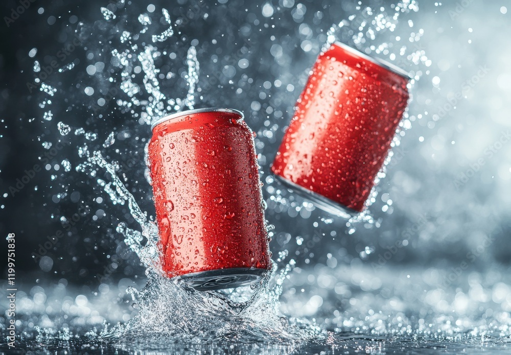 Poster vibrant red cans splashing in water with bubbles and splashes creating dynamic feel of refreshment a