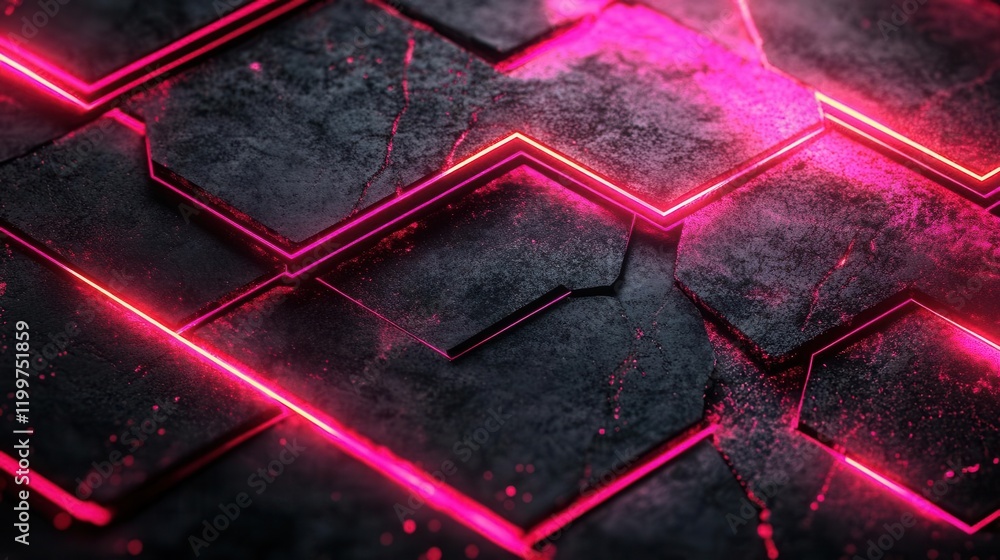 Poster a dark, textured surface with glowing pink lines forms a geometric pattern, creating a futuristic an