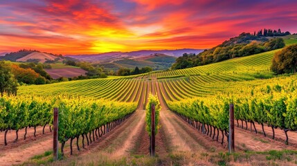 Fototapeta premium Sunset over a vineyard with rows of grapevines - generated AI