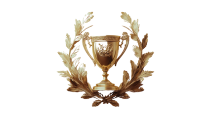 A golden trophy encircled by a laurel wreath, symbolizing victory and achievement, designed on a white isolated background.