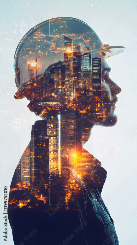 Aufkleber double exposure featuring an engineer in a helmet, showcasing a vibrant futuristic cityscape within,