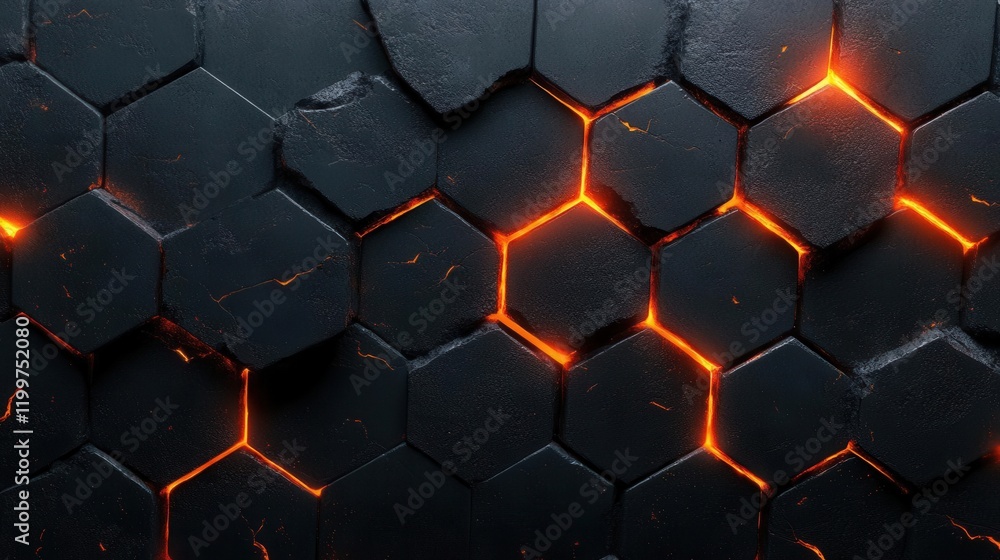 Poster a dark, textured hexagonal pattern with glowing orange accents, creating a modern and dynamic visual