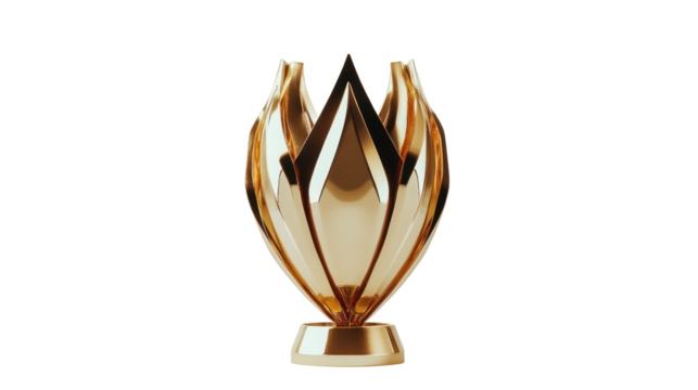 A stunning golden trophy with a unique flame design, symbolizing achievement and success, set against a white isolated background.