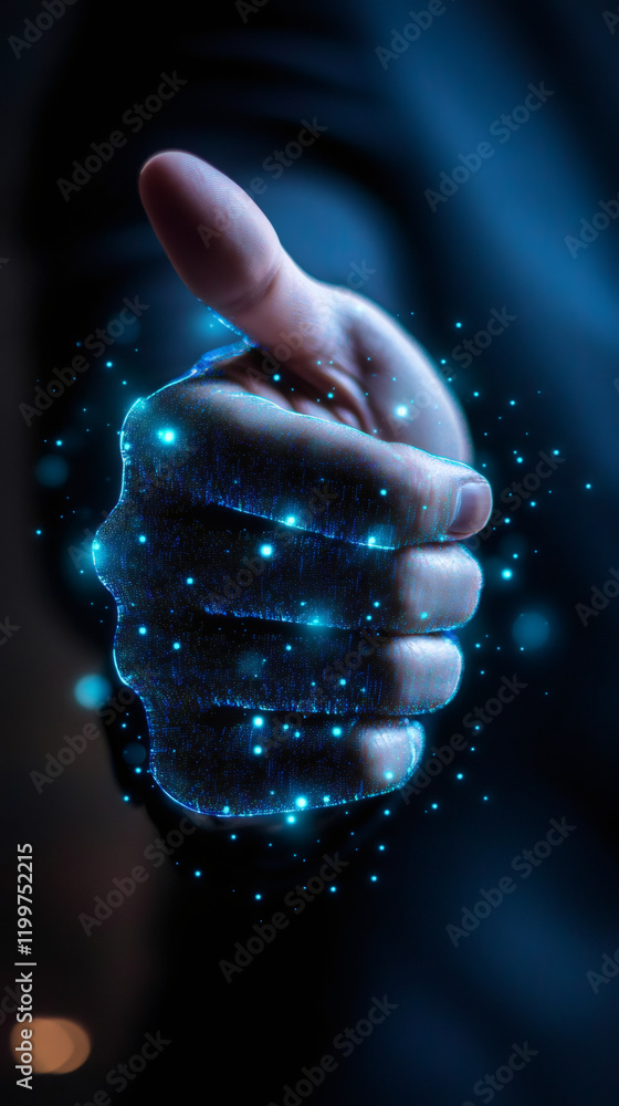 Poster Hand reaching out for a handshake with digital glowing effect, symbolizing innovation and technology in business