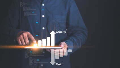A businessman interacts with a digital graph showing increasing quality and cost, emphasizing the...