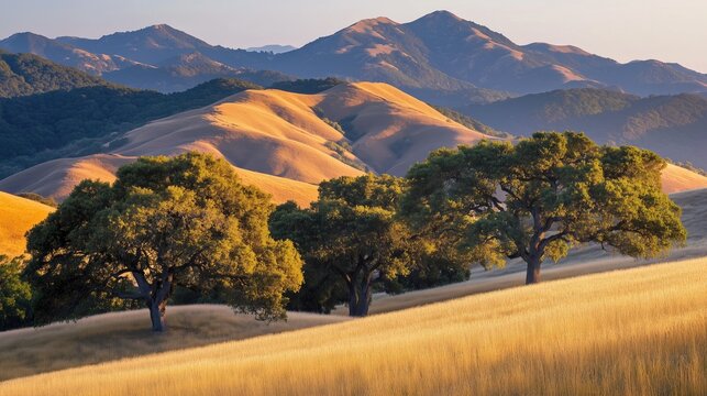 Sunset over rolling hills with golden fields and trees - generated AI