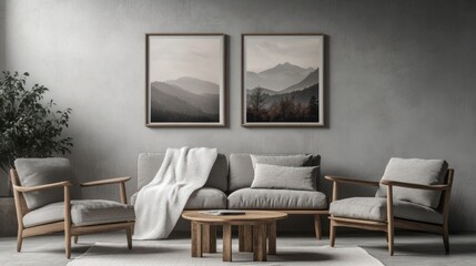 Mountain landscape prints displayed in modern living room