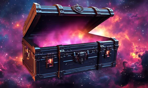 Open cosmic treasure chest, space background, game reward
