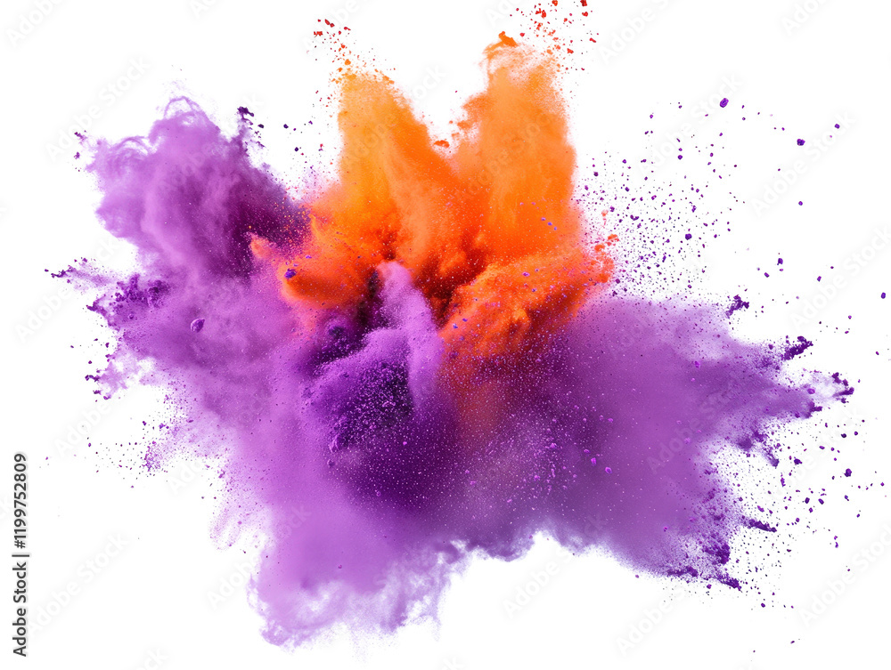 Poster purple and orange powder explosion creating abstract colorful background in motion isolated on a whi