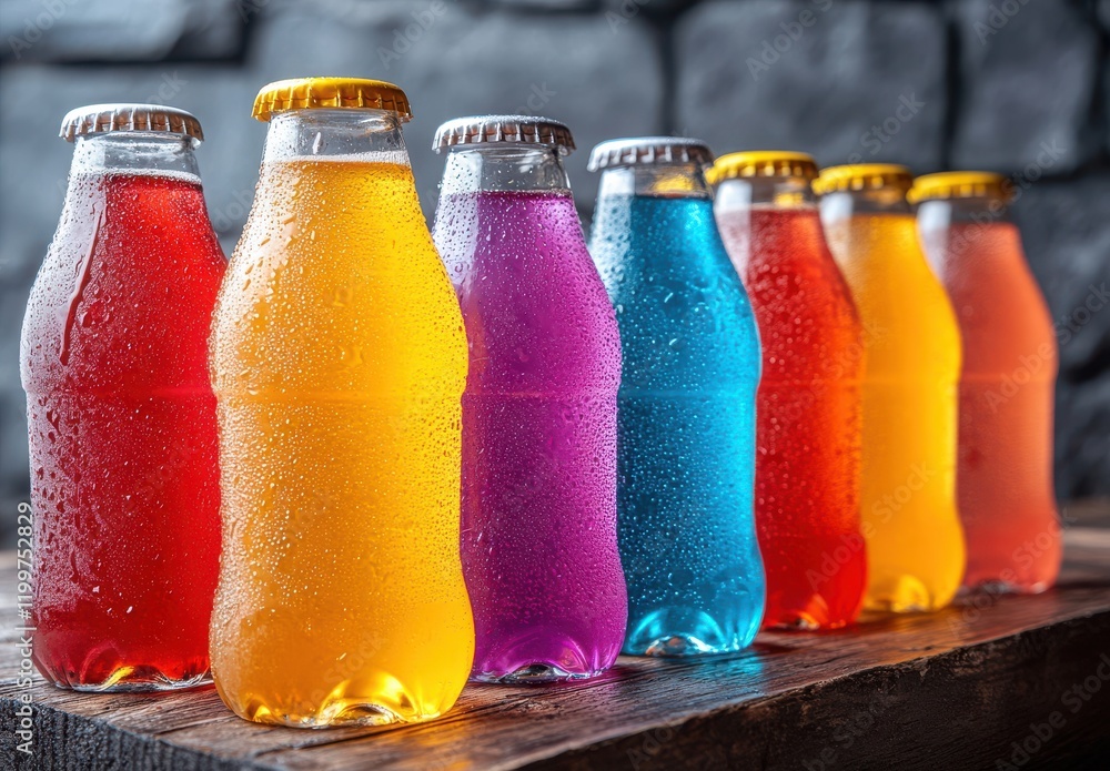 Poster vividly colored bottled beverages glimmering in a row displaying refreshing drinks with dew drops on