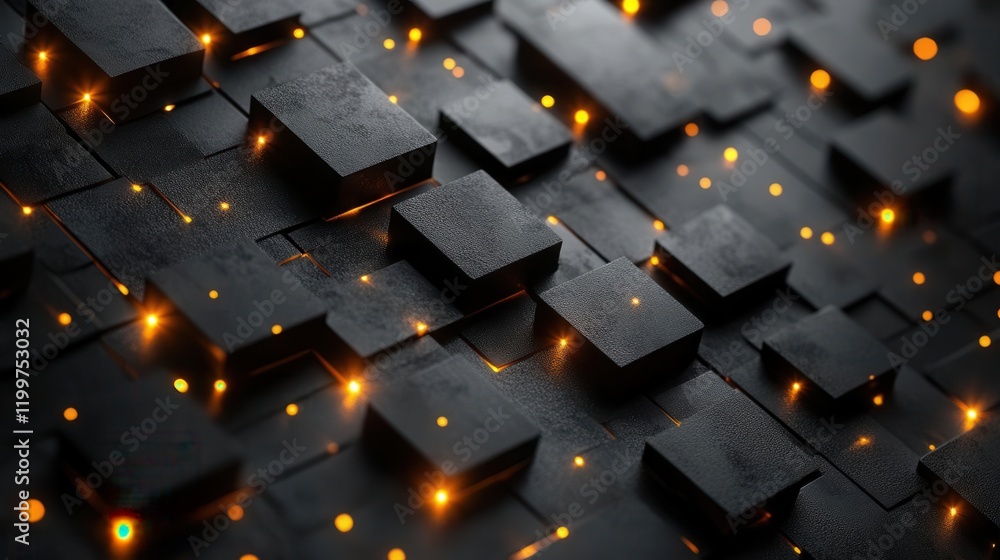 Poster a dark, textured surface with illuminated blocks and glowing orange dots creating a futuristic, digi