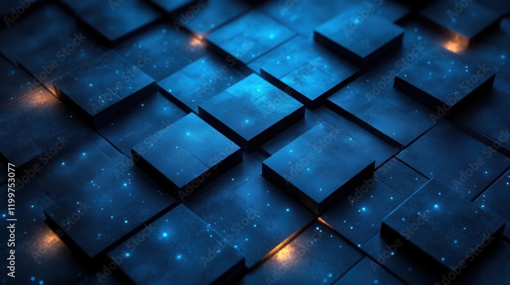 Poster a mesmerizing blue abstract background featuring illuminated tiles arranged in a dynamic pattern, cr