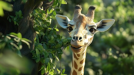 Obraz premium Adorable Giraffe Calf Eating Leaves In Lush Green Habitat