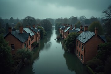 Obraz premium A bird's-eye view of a brick town underwater, with trees and rooftops peeking through. The sky is dark and heavy, casting shadows on the floodwaters