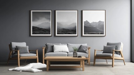Living room with sofa, two armchairs, and three framed landscape photos on gray wall