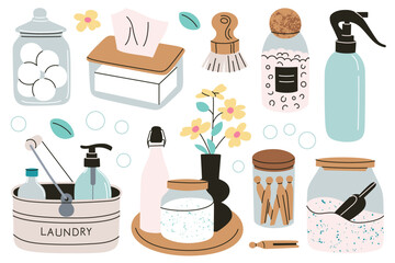 Vector illustrations of eco friendly laundry and cleaning accessories, washing supplies collection, glass jars with detergents, brushes, spray bottles, clothespins, household equipment, storage tips