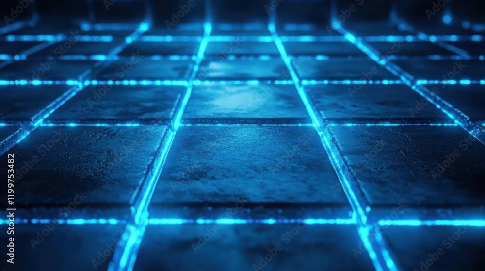 Poster a glowing grid pattern with blue neon lines on a textured surface, creating a futuristic and digital