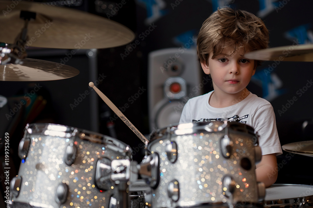 Poster cute little kid on stage ready for performance on stage generative ai image