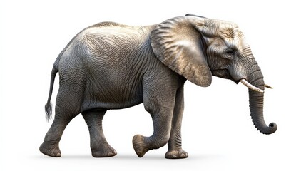 Obraz premium A gentle elephant with its trunk raised, detailed textures on the skin, isolated on a white background,
