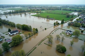 An aerial view of a flooded farming village, with water covering crops and homes. Rescuers are on boats, trying to help those in need amidst the disaster