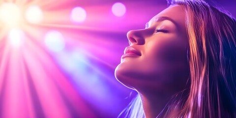 A woman with closed eyes enjoying vibrant, colorful light beams that create a joyful atmosphere around her. Concept Vibrant Light Beams, Joyful Atmosphere, Closed Eyes, Emotional Connection