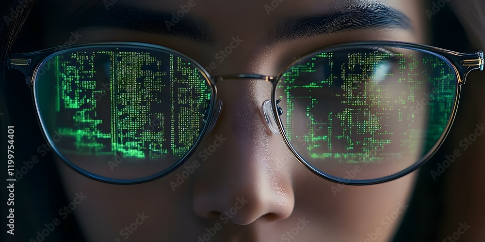 Poster a close-up of a person's face with glasses reflecting green digital code, suggesting themes of techn