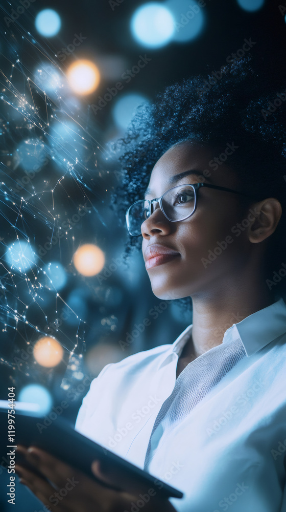 Poster Scientist holding tablet and analyzing holographic projection of plexus network, representing connection and data analysis in science and technology