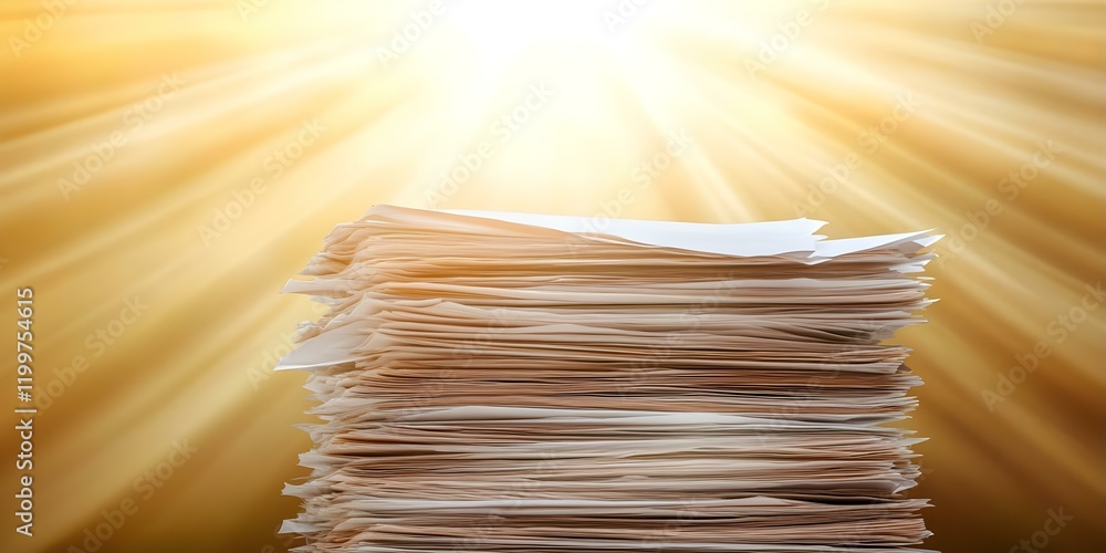 Poster a large stack of papers illuminated by bright sunlight, creating a warm and glowing atmosphere. conc