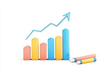 A colorful bar graph displays rising trends, indicating growth and progress, alongside two markers for highlighting data points.