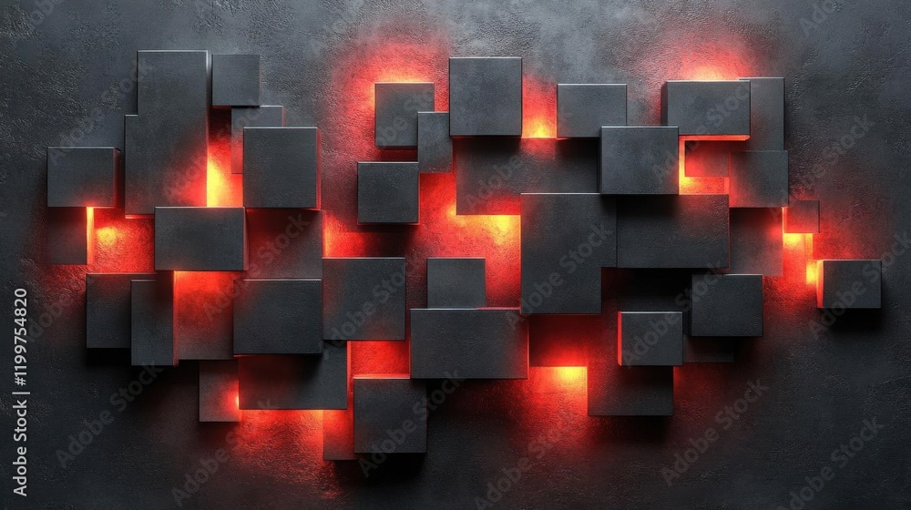 Poster a dark, textured background features irregularly shaped black blocks, illuminated by glowing red lig
