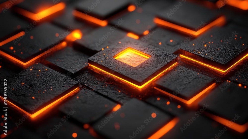 Poster a close-up image of textured black tiles with glowing orange edges, creating a visually striking pat