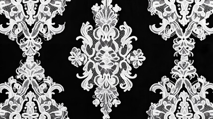 White lace on black background, fabric pattern
