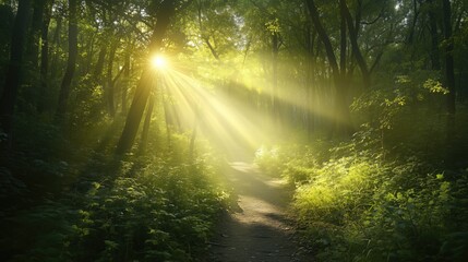 Obraz premium Wide path through a dense forest with sunlight shining through - generated AI