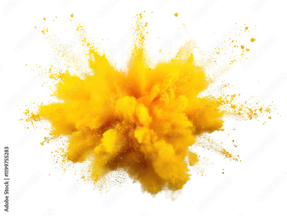 Poster yellow powder explosion on black background creating dynamic abstract art effect isolated on a white