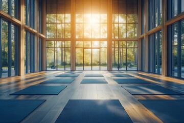 Spacious Yoga Studio with Wooden Floors and Glass Walls Surrounded by Nature