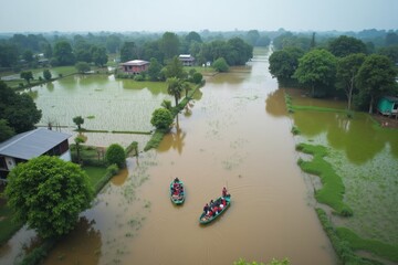 Naklejka premium An aerial view of a flooded farming village, with water covering crops and homes. Rescuers are on boats, trying to help those in need amidst the disaster