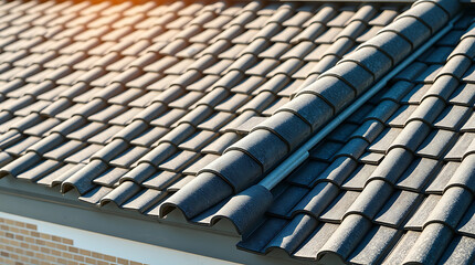Naklejka premium Close-up view of dark grey roof tiles, showcasing the intricate pattern and texture. The image highlights architectural details and design elements of a modern house roof.