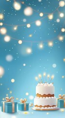 Joyful celebration with a multilayered cake under fairy lights festive atmosphere enchanting setting close-up party concept