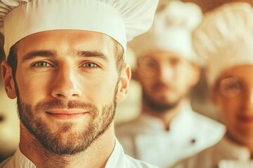 Portrait of a Caucasian male chef, his confident expression and crisp white chef's hat conveying professionalism and culinary expertise.