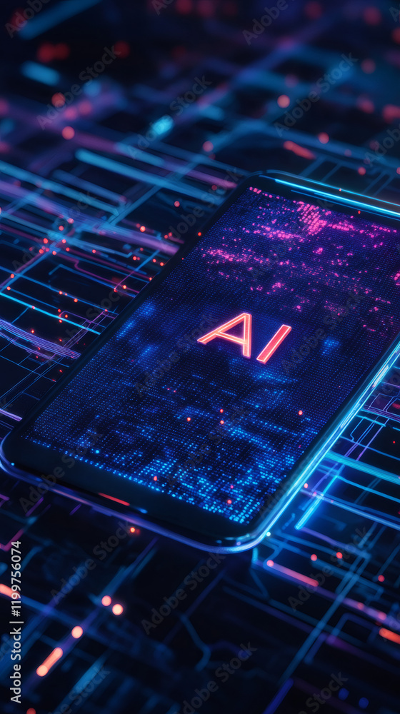 Fototapete futuristic smartphone displaying ai logo on a circuit board, symbolizing the power and potential of 