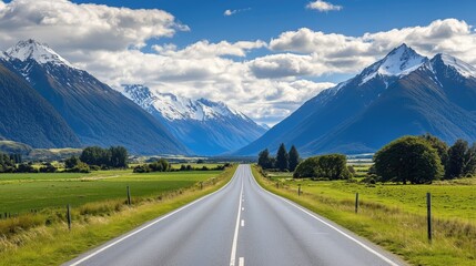 Naklejka premium Windy road through a valley with mountains in the background - generated AI