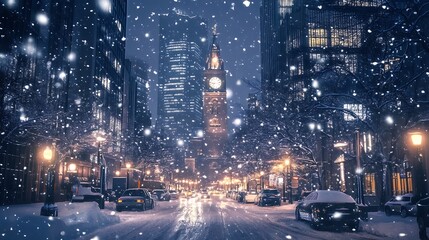 Snowy City Street at Night with Clock Tower