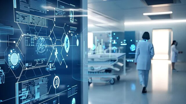 Future of Medicine: A futuristic medical facility showcases advanced technology and data visualization on a large interactive screen, with healthcare professionals moving through the sterile.