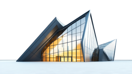 Modern architectural structure featuring angular forms and large glass windows, designed for aesthetic appeal and functionality.