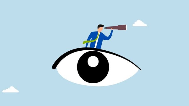 Business vision, 4k animation of businessman gazes through binoculars from his large eye. 