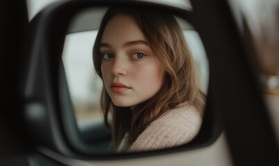 Teen girl reflected in car mirror.