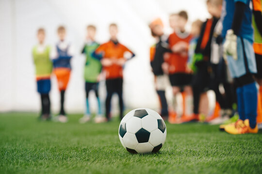 Football Training Camp For Kids. Children Attending Soccer Practice Class. School Boys on Soccer Training